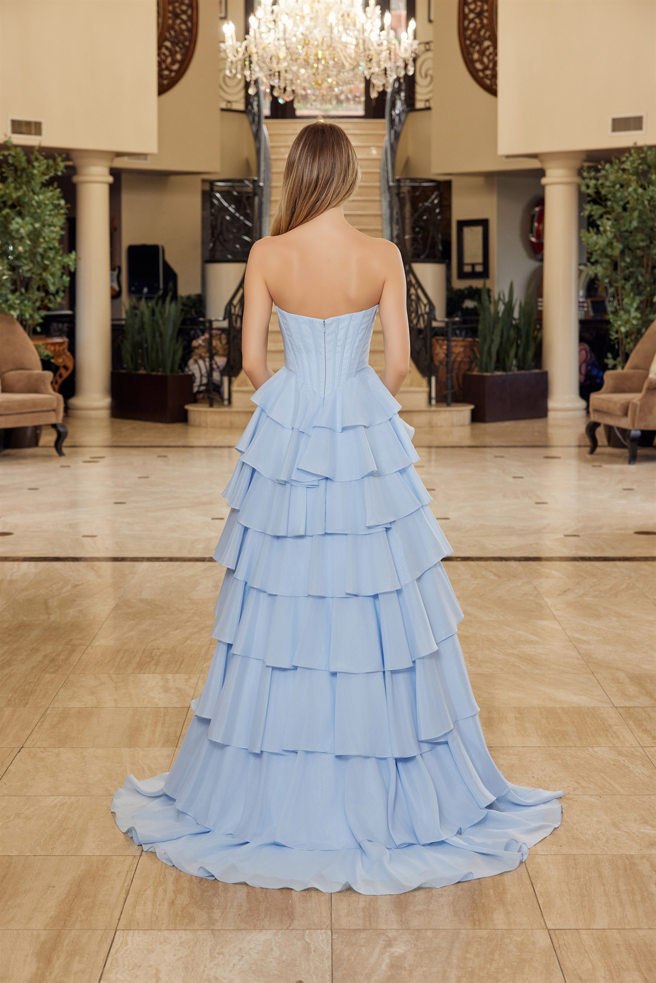 Multilayered Long Ball Gown Sequined Bustline Prom Dress #Y1806