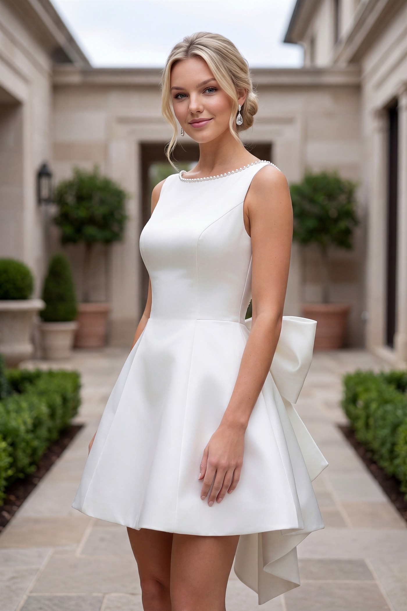 Sleeveless Bow Accent Back Mini A Line Satin Dress #Y7001W