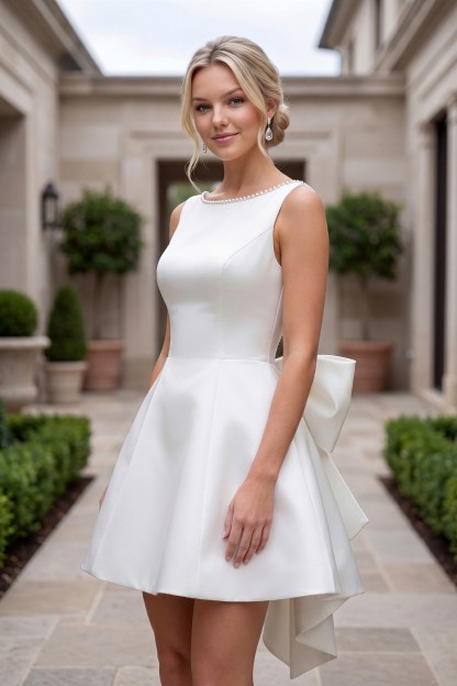 Sleeveless Bow Accent Back Mini A Line Satin Dress #Y7001W