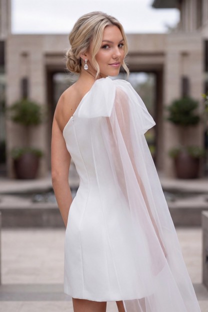 Satin One Shoulder Tulle Accent Mini Dress With Pearls