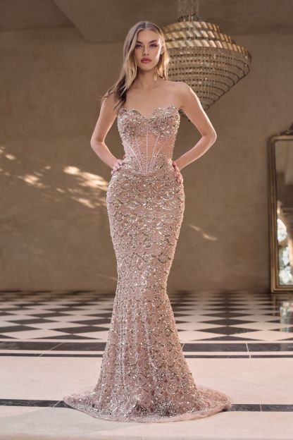 Fitted Strapless Sweetheart Pearl Sequin Sheer Corset Waist Prom Dress #A1481