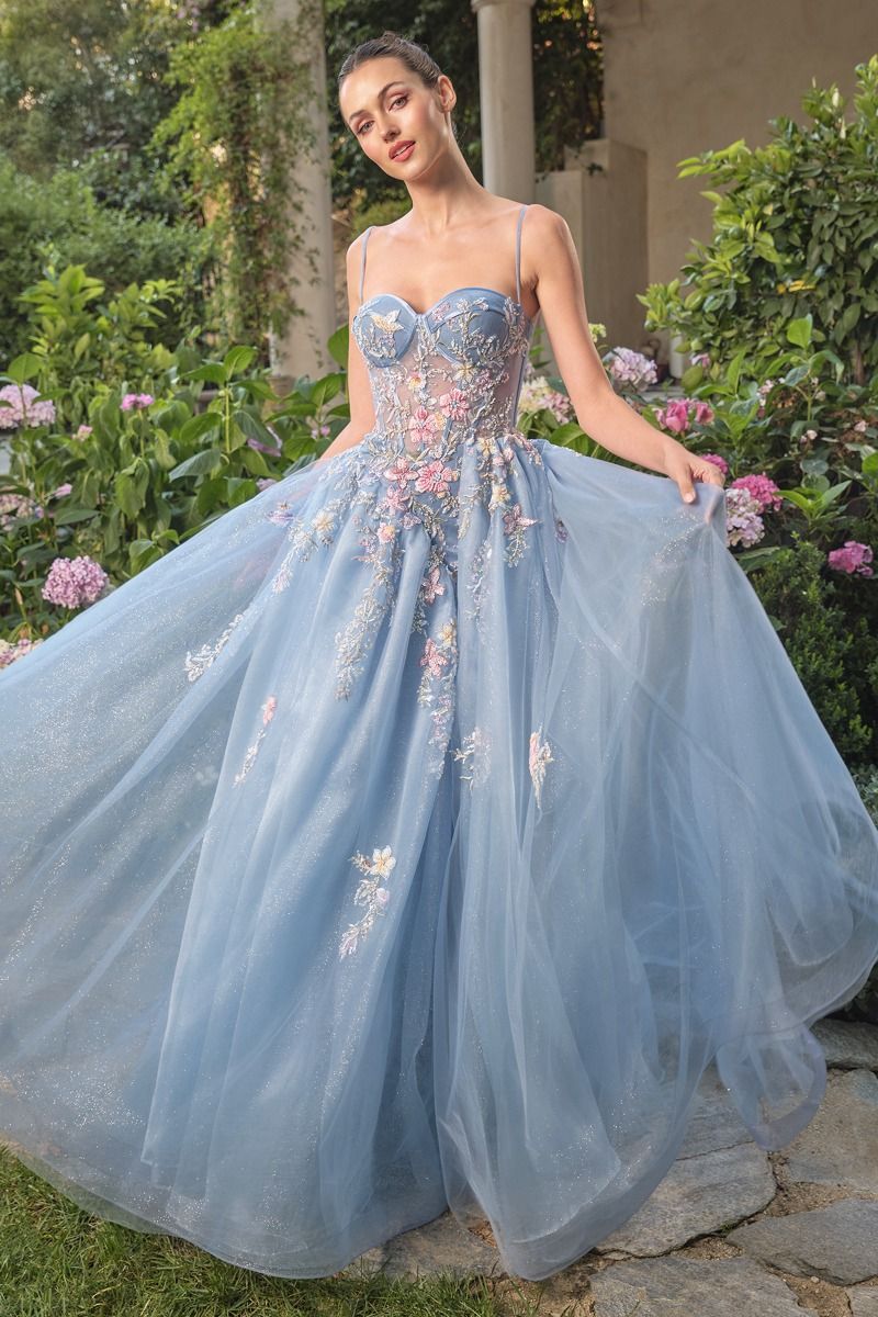Delicate Pastel Floral Embroidery And Butterflies Full-Length Ball Gown #A1490