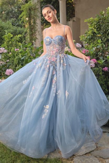Delicate Pastel Floral Embroidery And Butterflies Full-Length Ball Gown #A1490