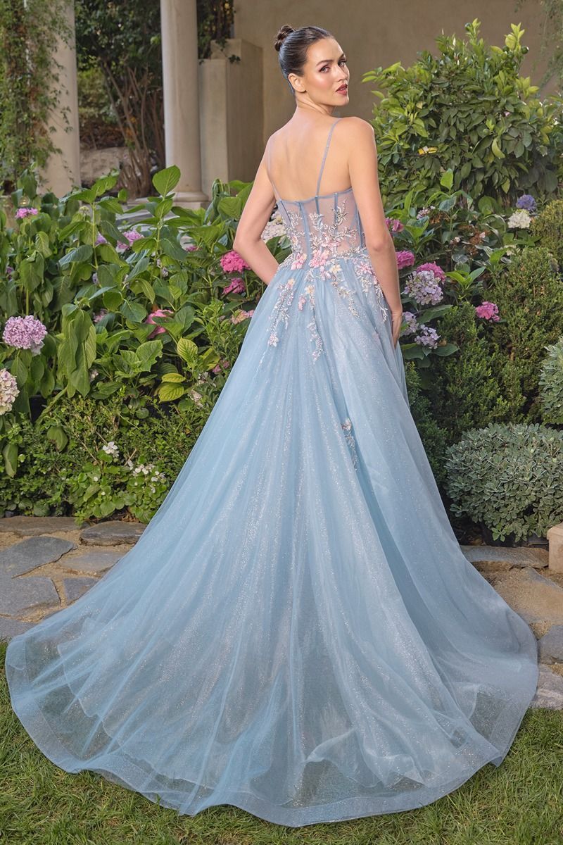 Delicate Pastel Floral Embroidery And Butterflies Full-Length Ball Gown #A1490