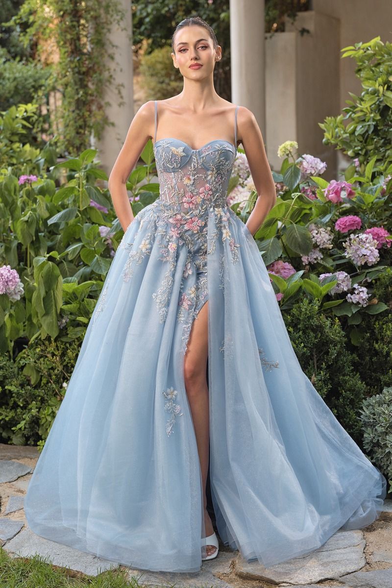 Delicate Pastel Floral Embroidery And Butterflies Full-Length Ball Gown #A1490
