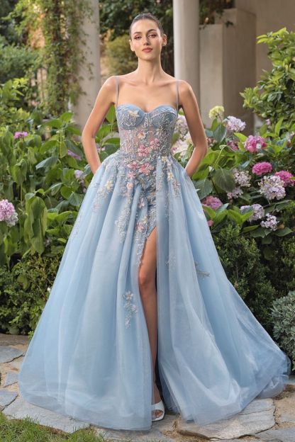 Delicate Pastel Floral Embroidery And Butterflies Full-Length Ball Gown #A1490
