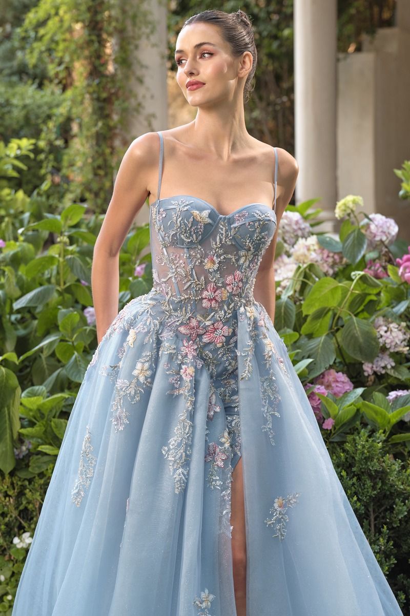 Delicate Pastel Floral Embroidery And Butterflies Full-Length Ball Gown #A1490