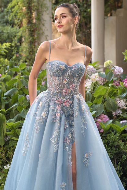 Delicate Pastel Floral Embroidery And Butterflies Full-Length Ball Gown #A1490