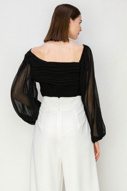 Chiffone Lace See-Through Pleated Balloon Sleeves Blouse #21984810