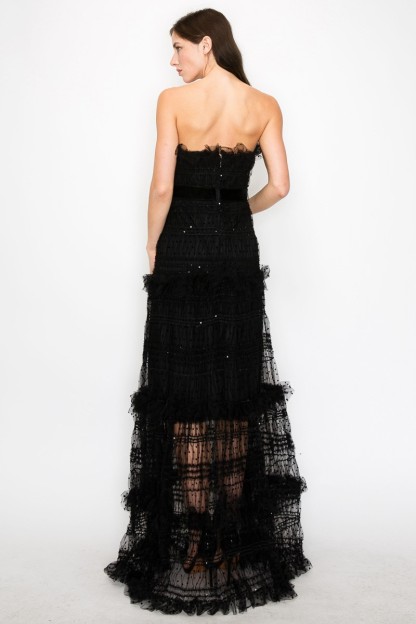 Strapless Polka Dots Tiered Tulle Maxi Dress #23551128