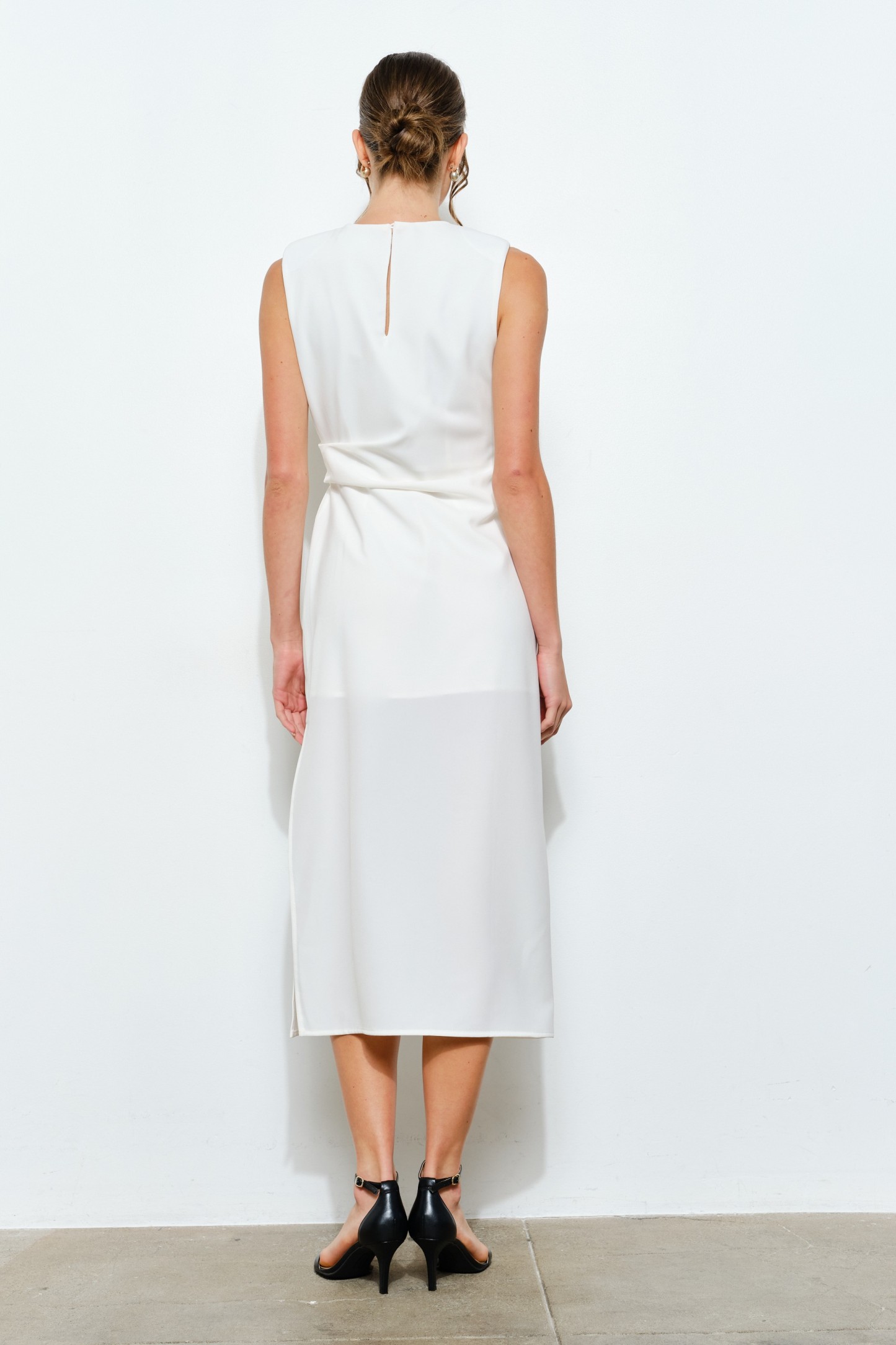 Sleeveless Draped Gold Accent Midi Dress #23592597