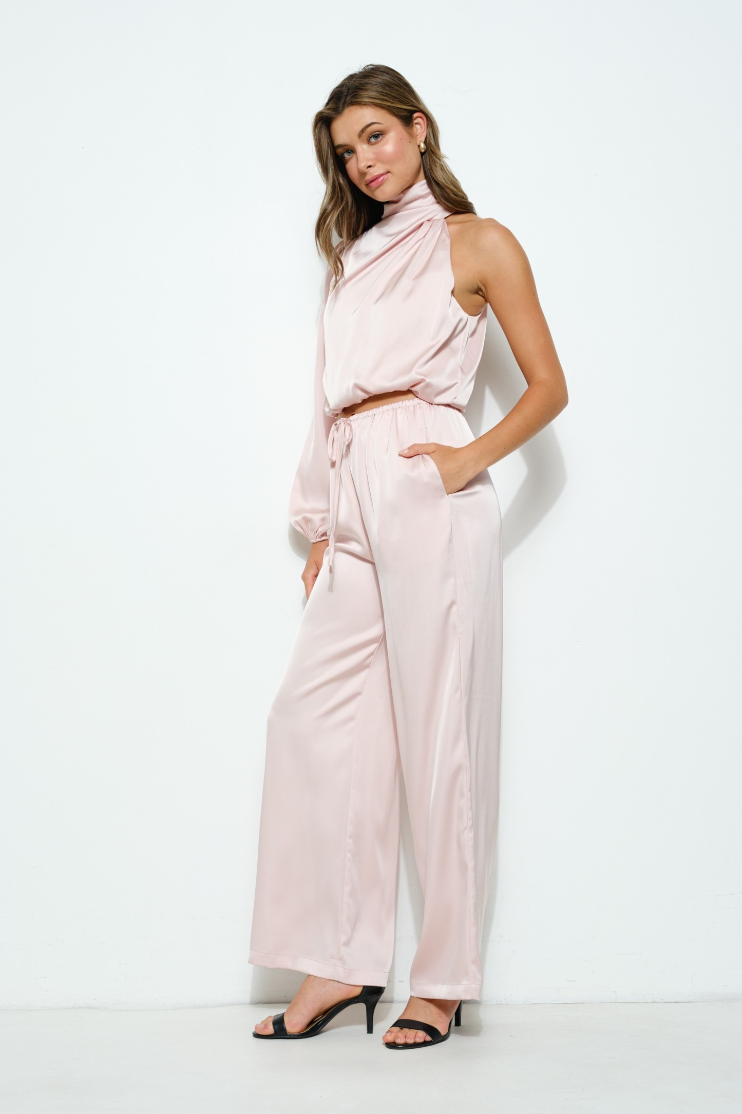 Satin Elasticized Waist Self-tie Drawstring Pants #23686411