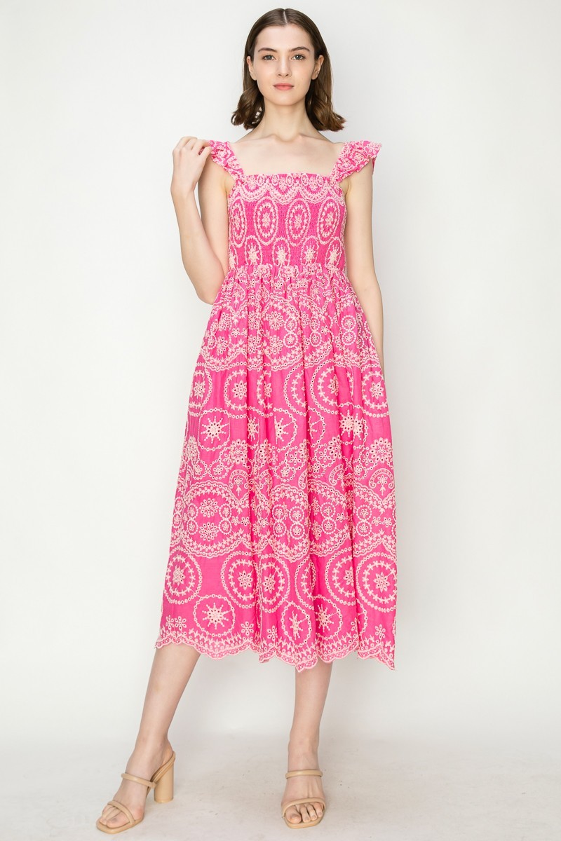 Cotton Sleeveless Embroidered Eyelet Midi Dress #23549027