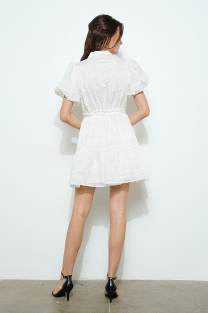 Embroidered Short Puff Sleeve Mini Dress #23699337