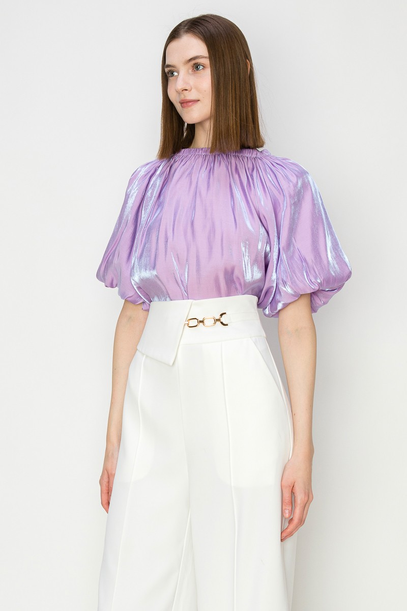Satin Puff Balloon Sleeves Blouse Top #23108197