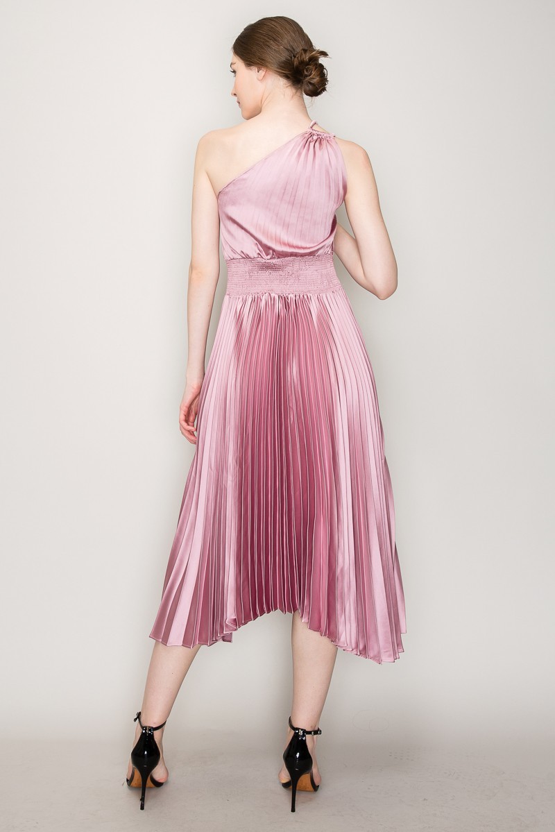 Pleated Satin One Shoulder Strap Cutout Midi Dress #23551381