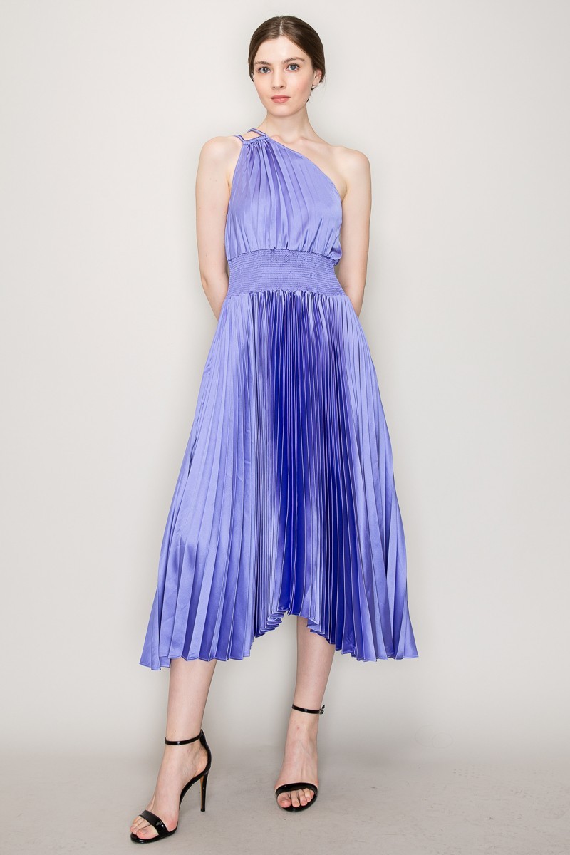 Pleated Satin One Shoulder Strap Cutout Midi Dress #23551381