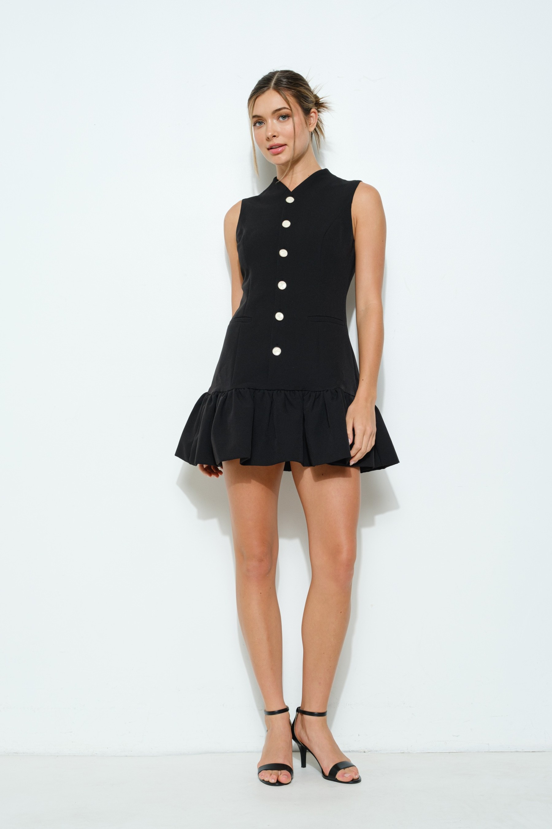 Sleeveless Bubble Hem Buttoned Mini Dress #23508527