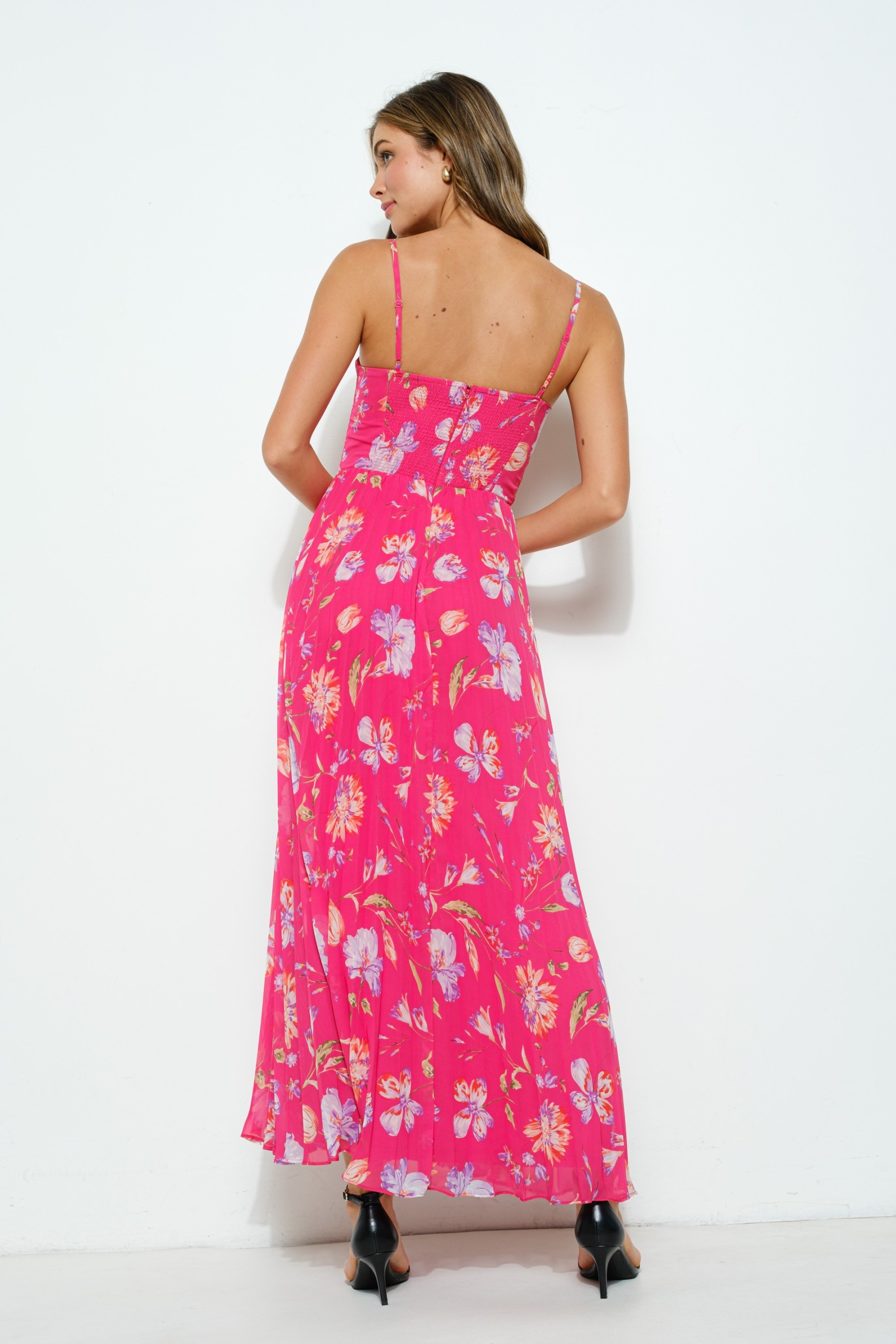 Sleeveless Floral Print Bustie Pleated Maxi Dress #23672882