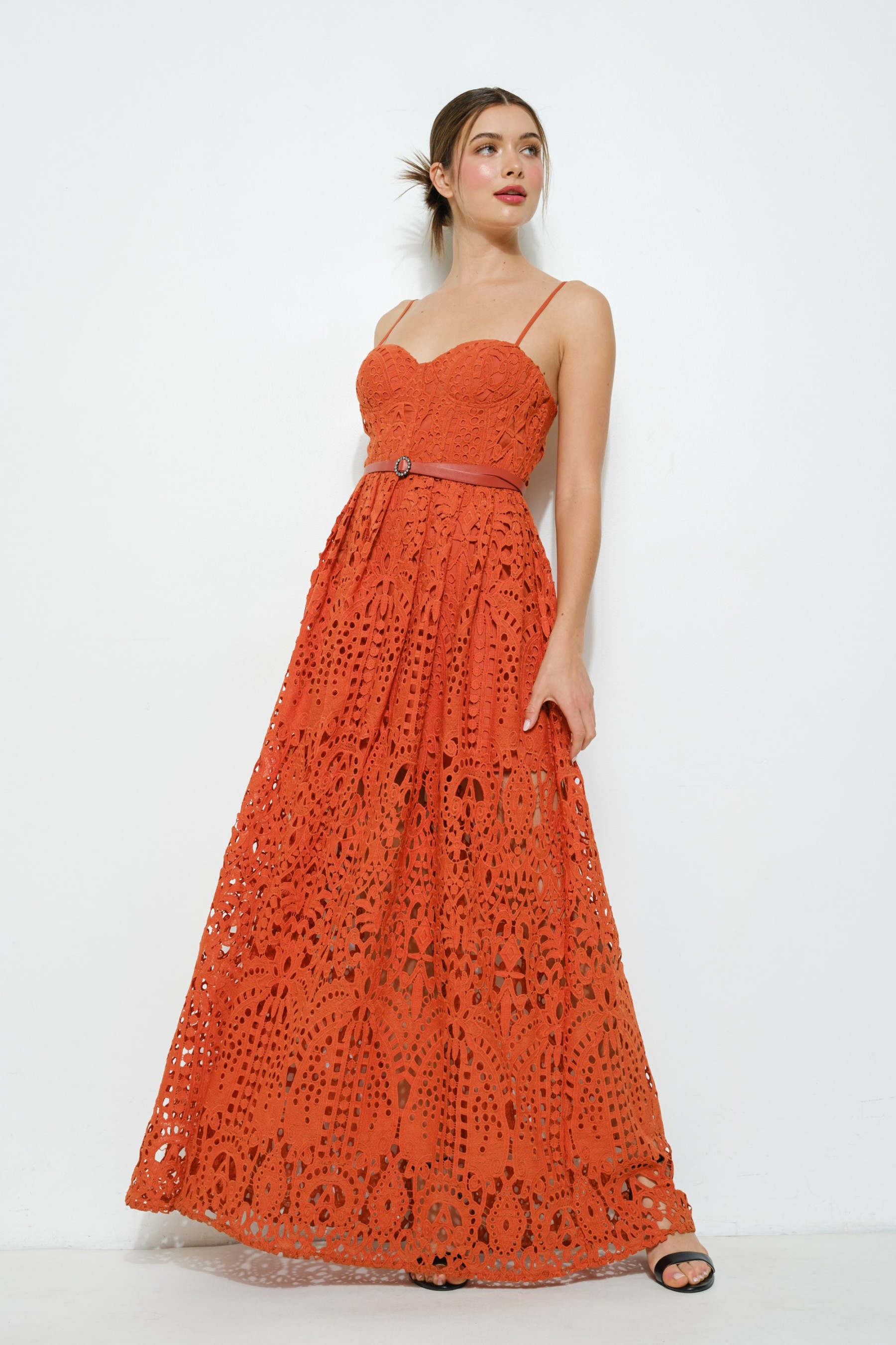 Lace Maxi Spaghetti Strap Dress With Belt #23642860