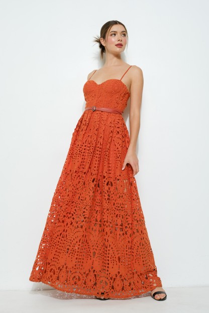 Lace Maxi Spaghetti Strap Dress With Belt #23642860