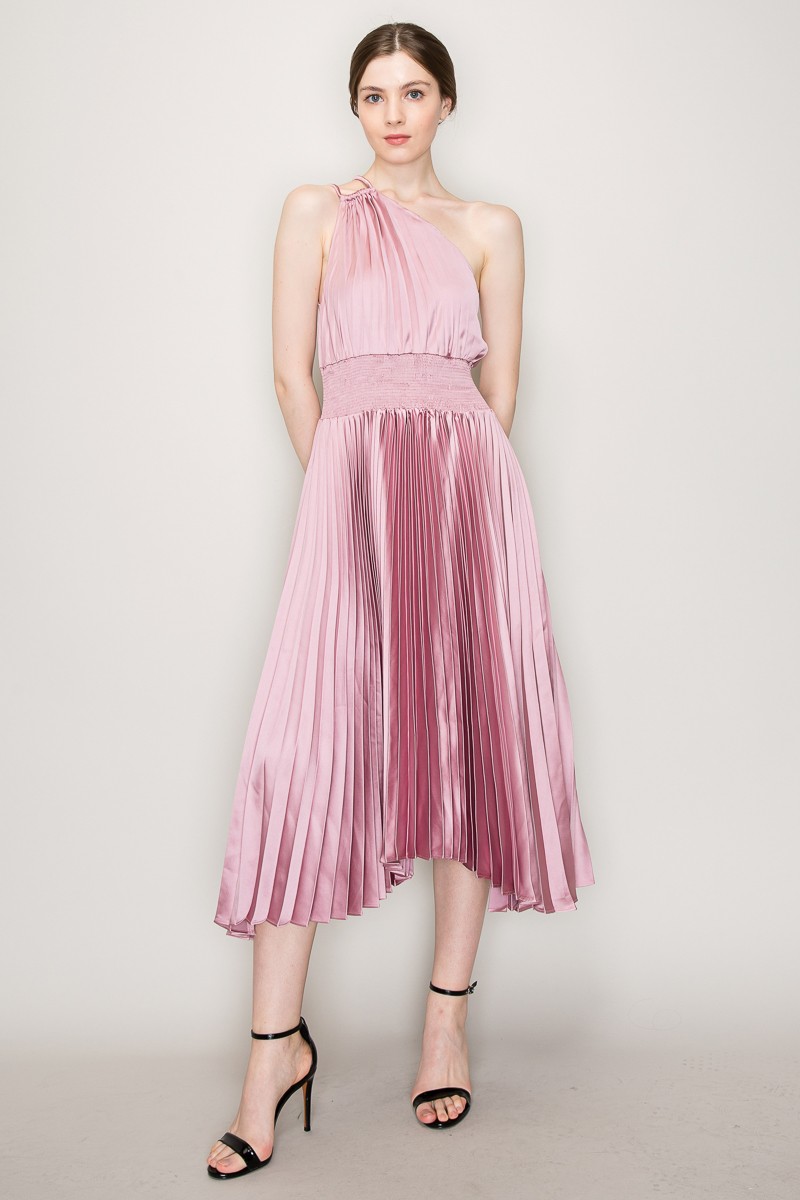Pleated Satin One Shoulder Strap Cutout Midi Dress #23551381