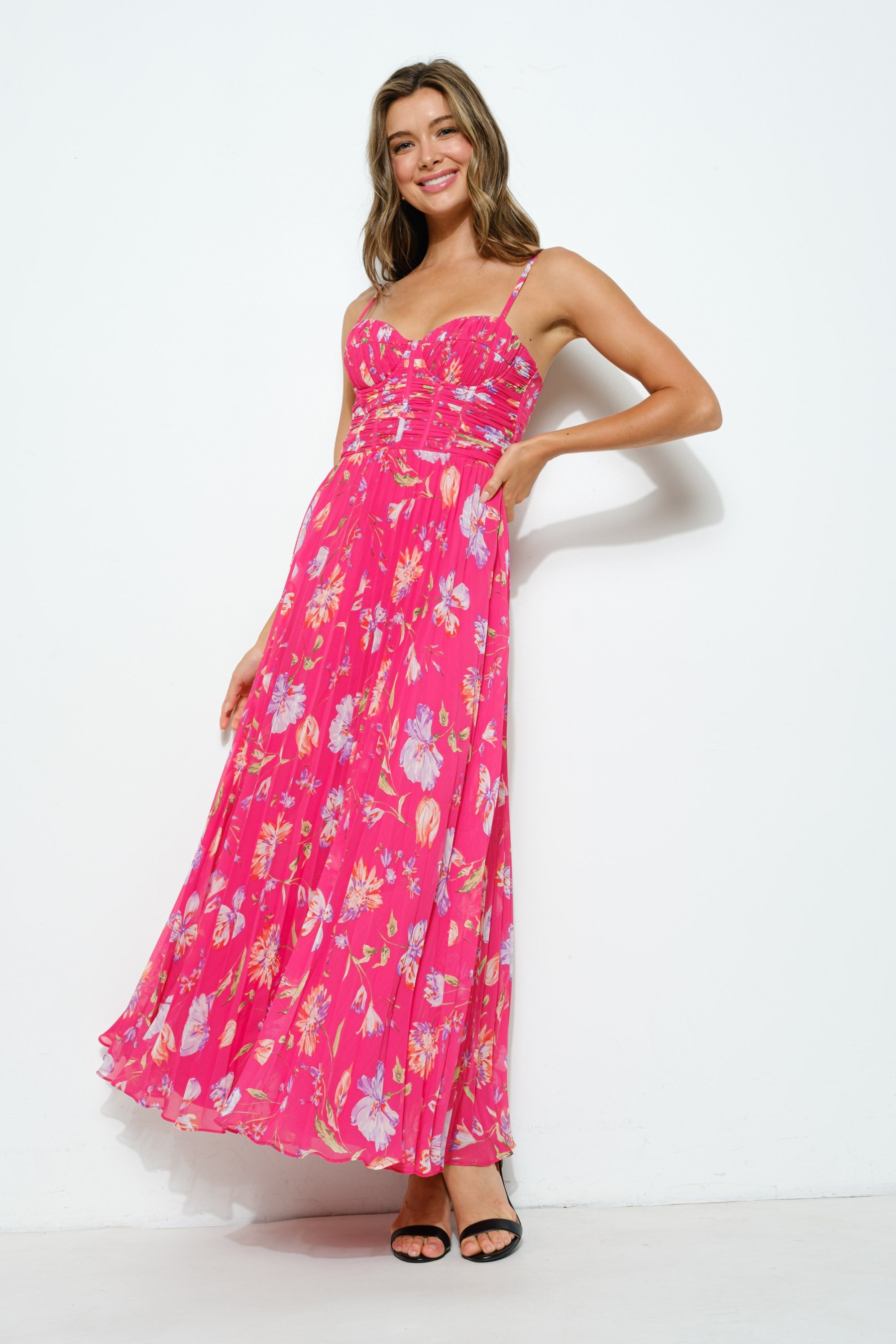 Sleeveless Floral Print Bustie Pleated Maxi Dress #23672882