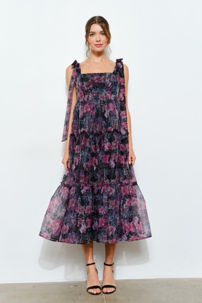 Organza Floral Printed Tiered Midi Dress #23591750