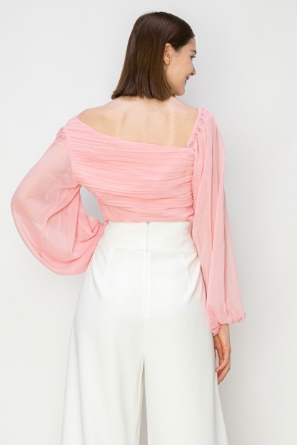 Chiffone Lace See-Through Pleated Balloon Sleeves Blouse #21984810