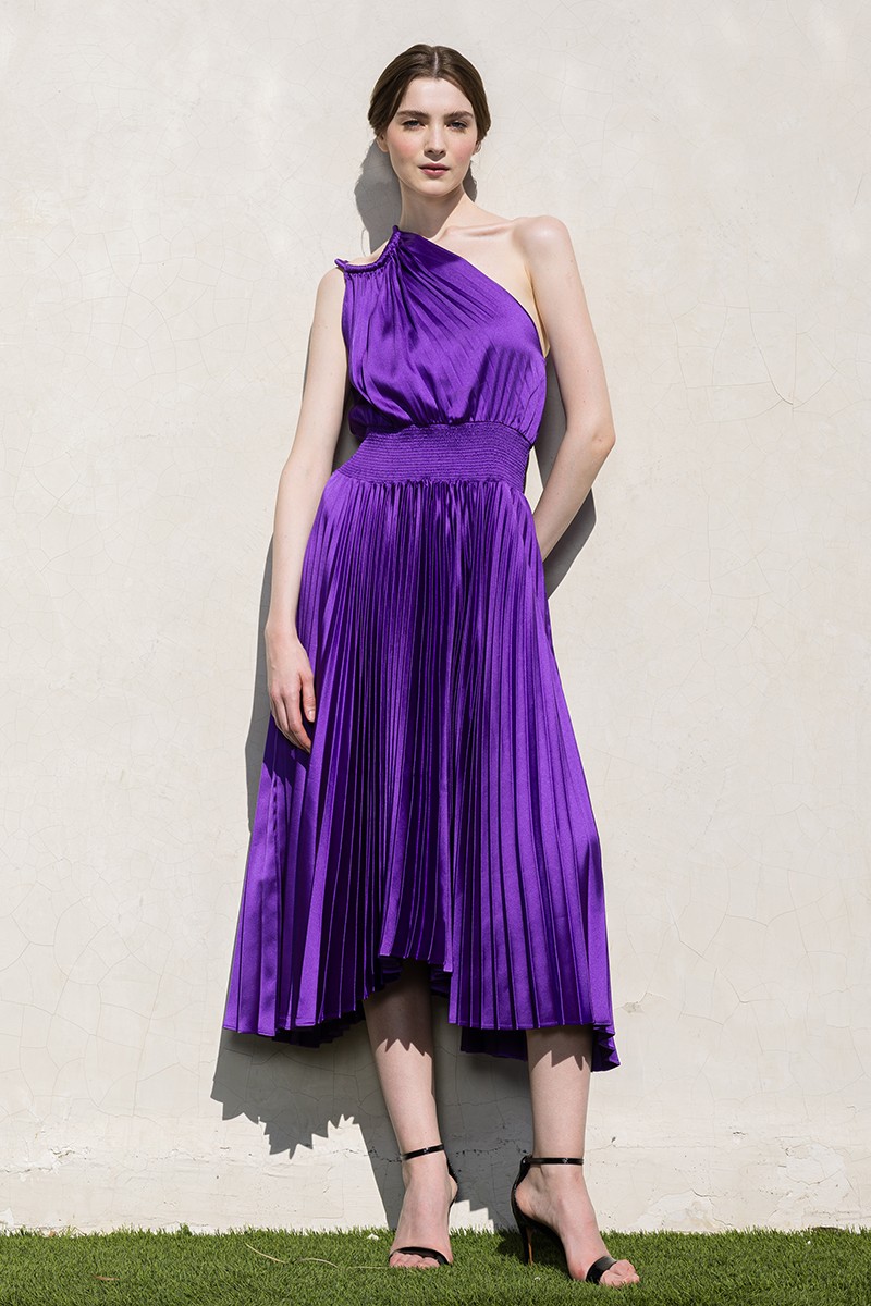 Pleated Satin One Shoulder Strap Cutout Midi Dress #23551381