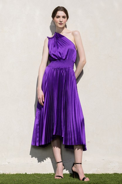 Pleated Satin One Shoulder Strap Cutout Midi Dress #23551381