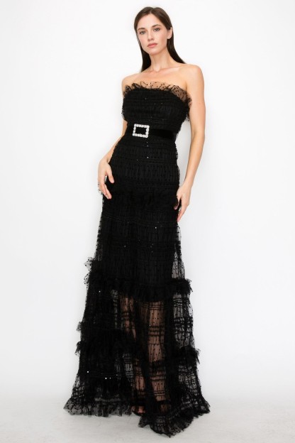 Strapless Polka Dots Tiered Tulle Maxi Dress #23551128