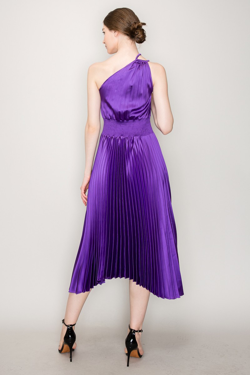 Pleated Satin One Shoulder Strap Cutout Midi Dress #23551381