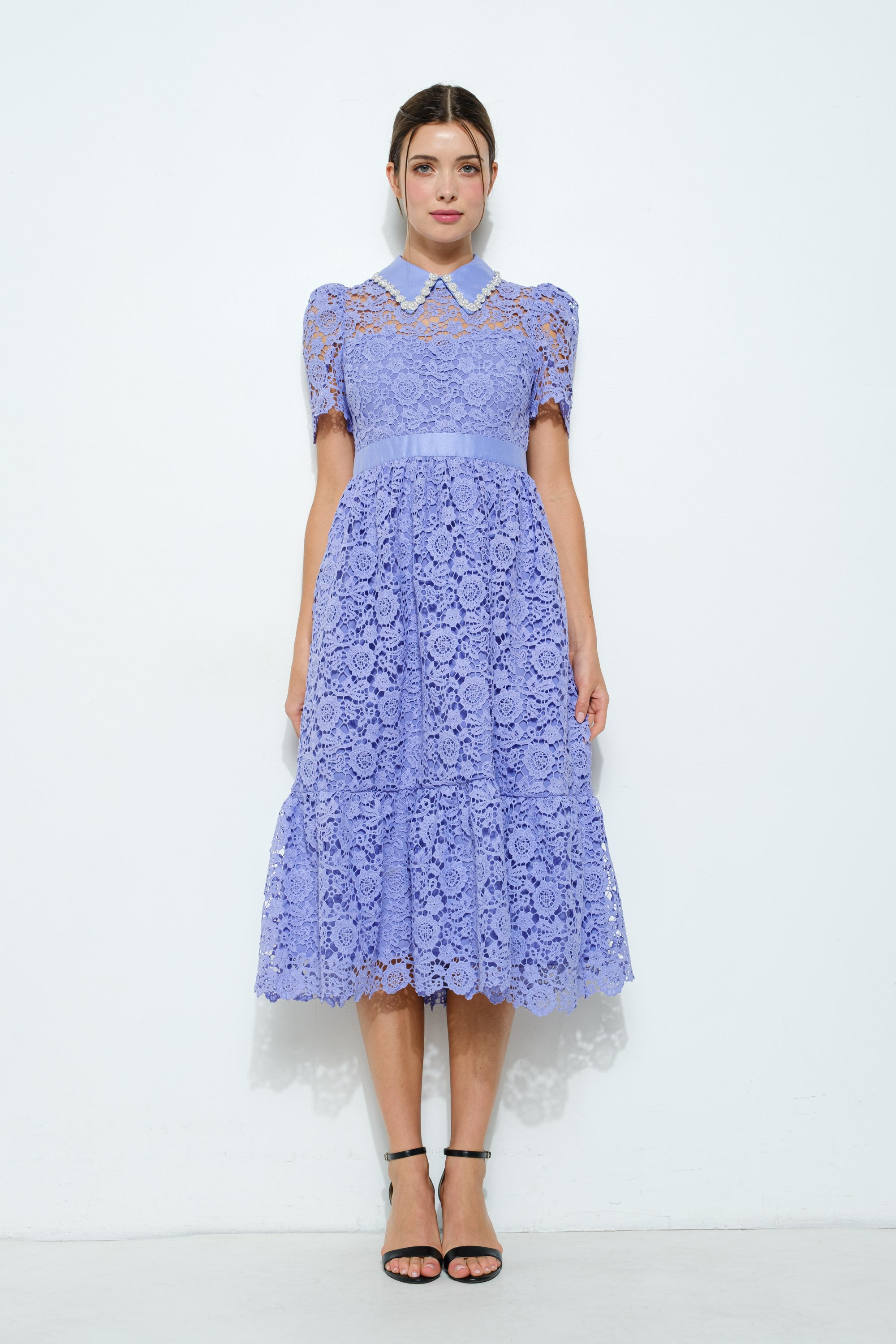 Pearl Embellished Collar Lace Midi Dress #23557937