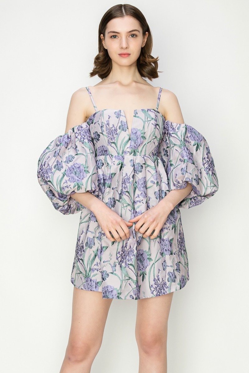 Jacquard Off Shoulder Volume Sleeve Mini Dress #23498688