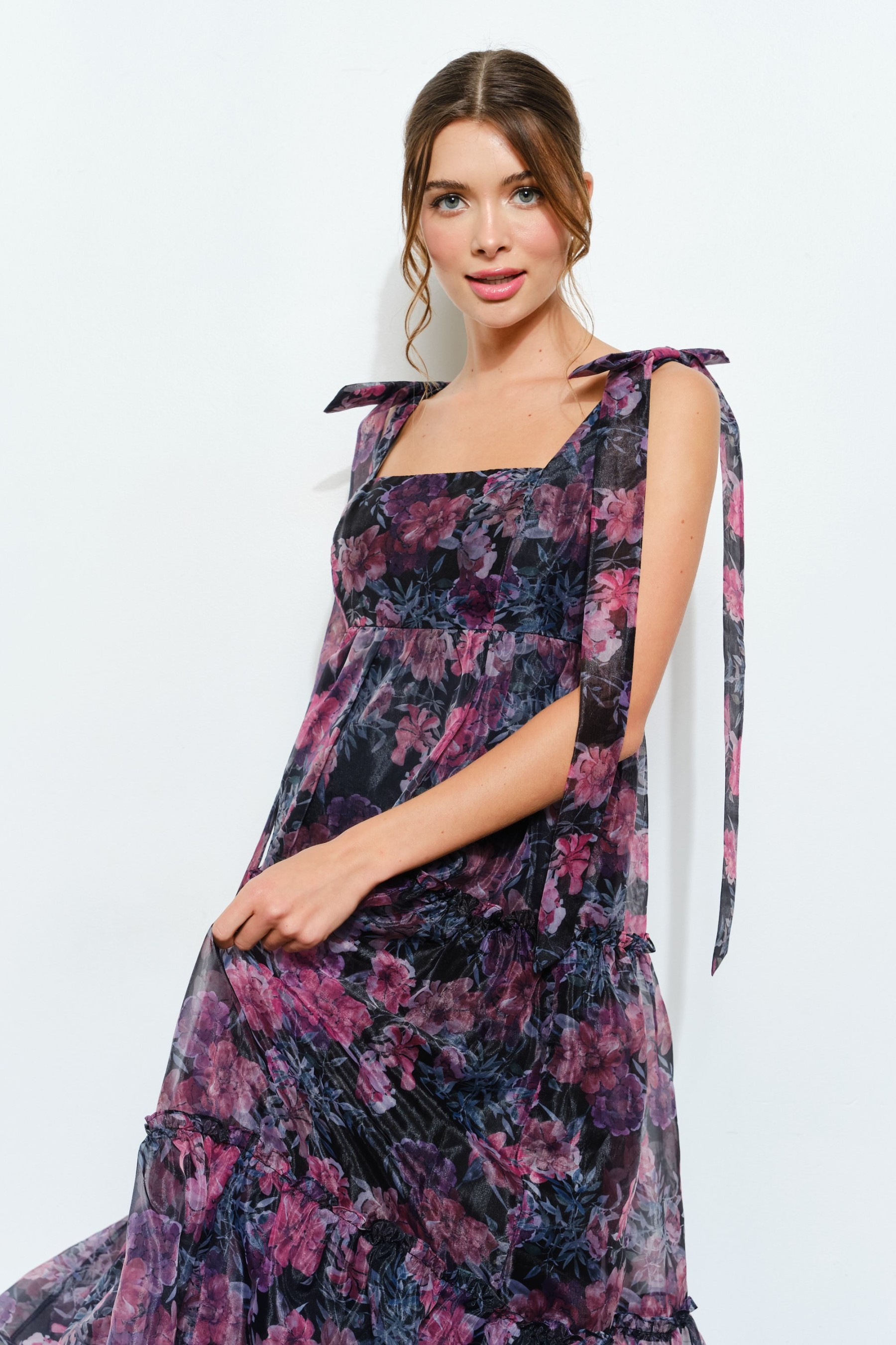 Organza Floral Printed Tiered Midi Dress #23591750