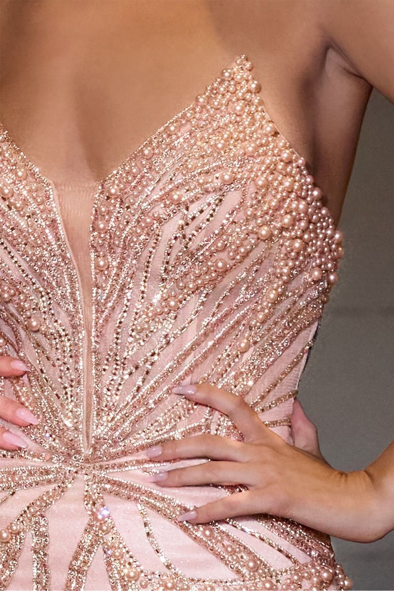 Fitted Strapless Plunging V-Neck Contouring Motif Prom Dress #CC0688