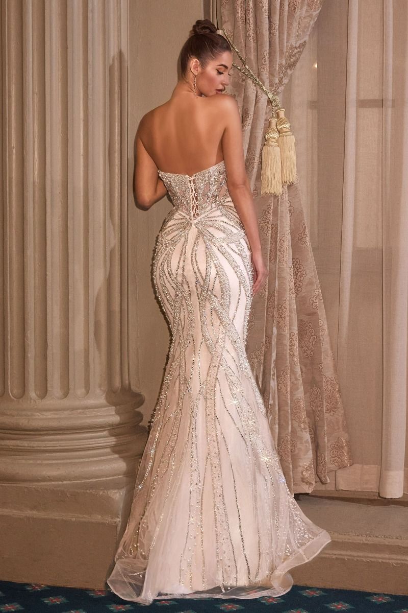 Strapless Plunging V-Neck Pearl & Crystal Embellished Wedding Dress #CC0688W