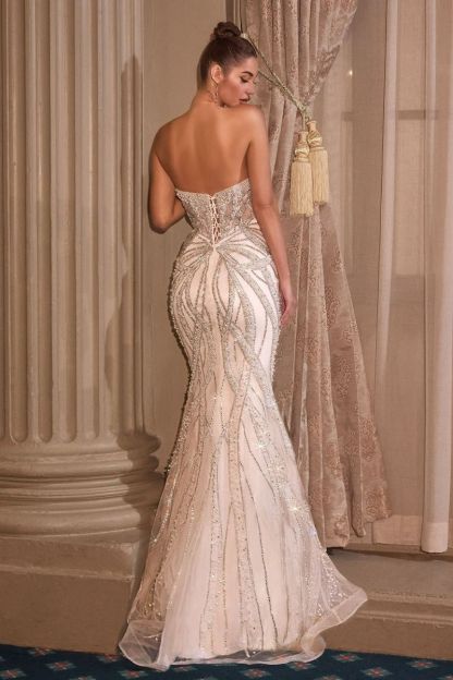 Strapless Plunging V-Neck Pearl & Crystal Embellished Wedding Dress #CC0688W