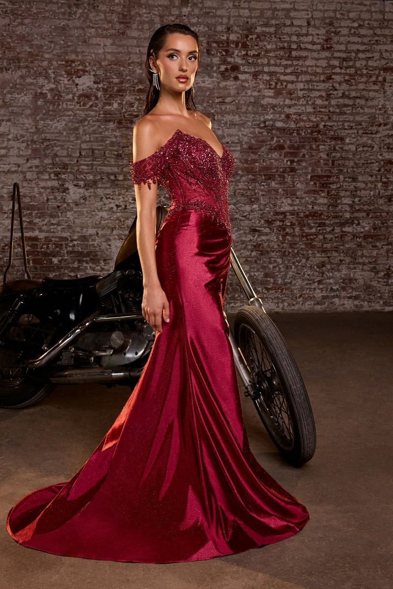 Off-The-Shoulder Sweetheart Embellished Bodice & Leg Slit Prom Dress #CC456