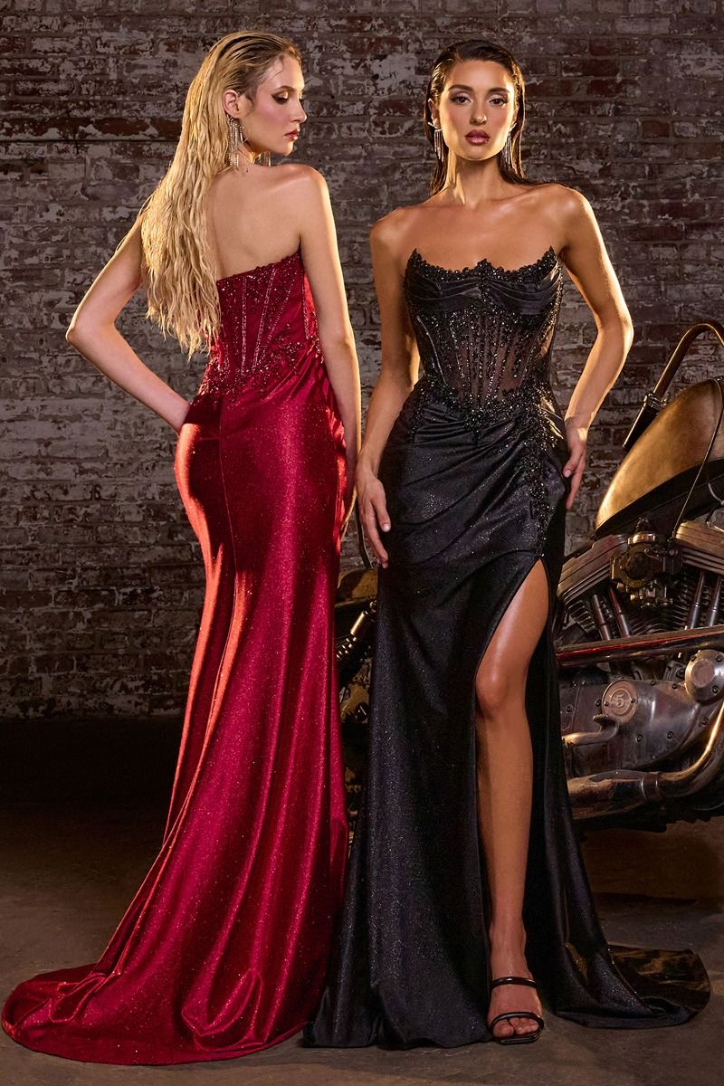 Fitted Strapless Sweetheart High Slit Beaded Appliques Prom Dress #CC463