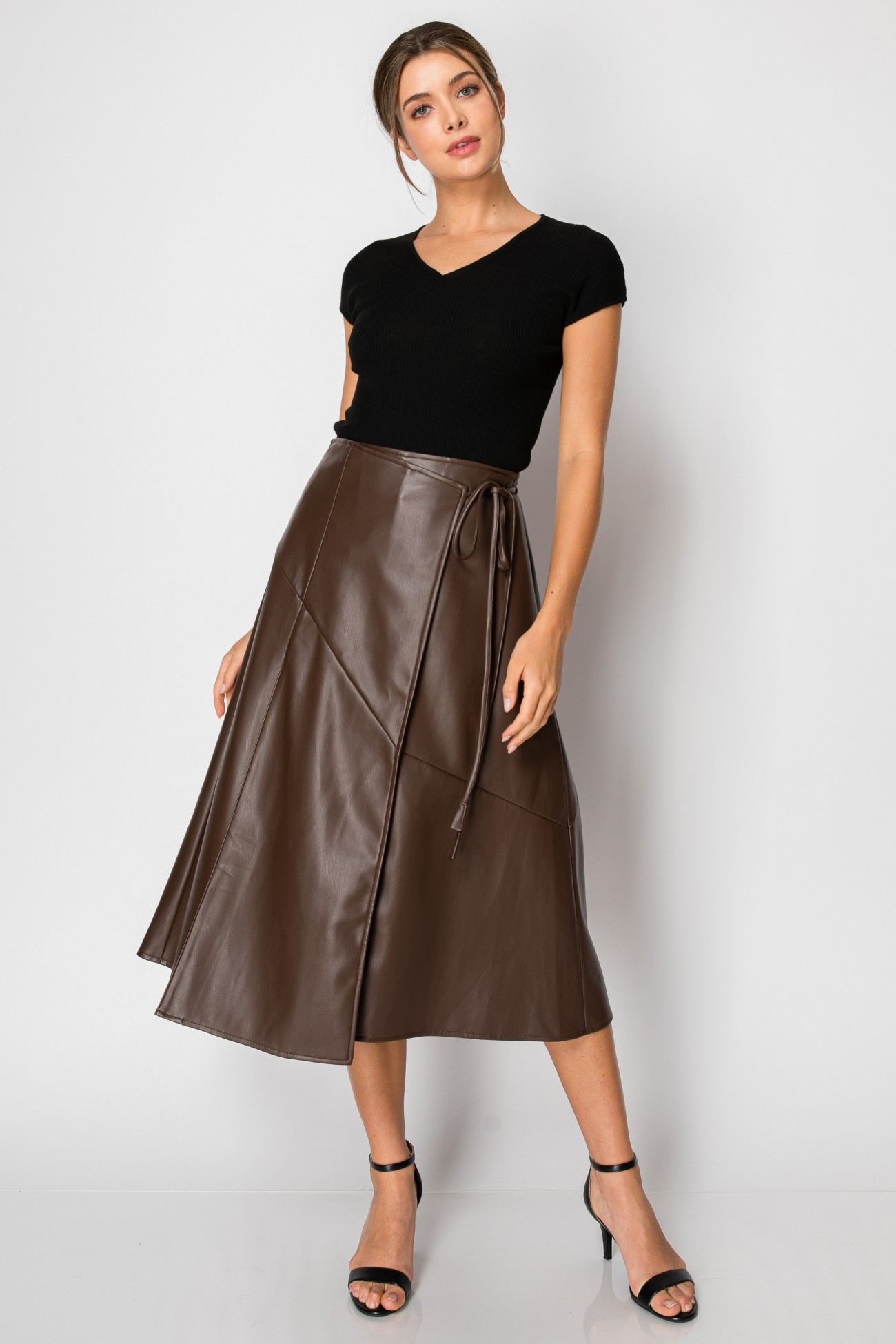 Faux Leather Wrap With Self Tie Midi Skirt #22889752