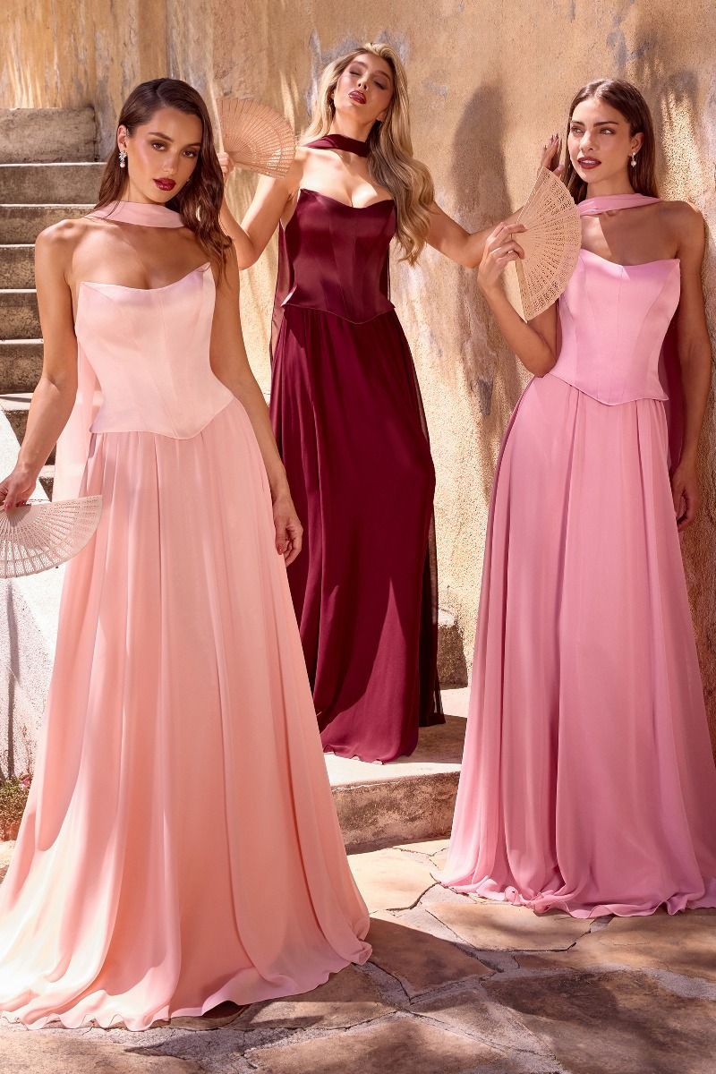A-line Strapless Curved Detachable Chiffon Scarf Prom Dress #CD386