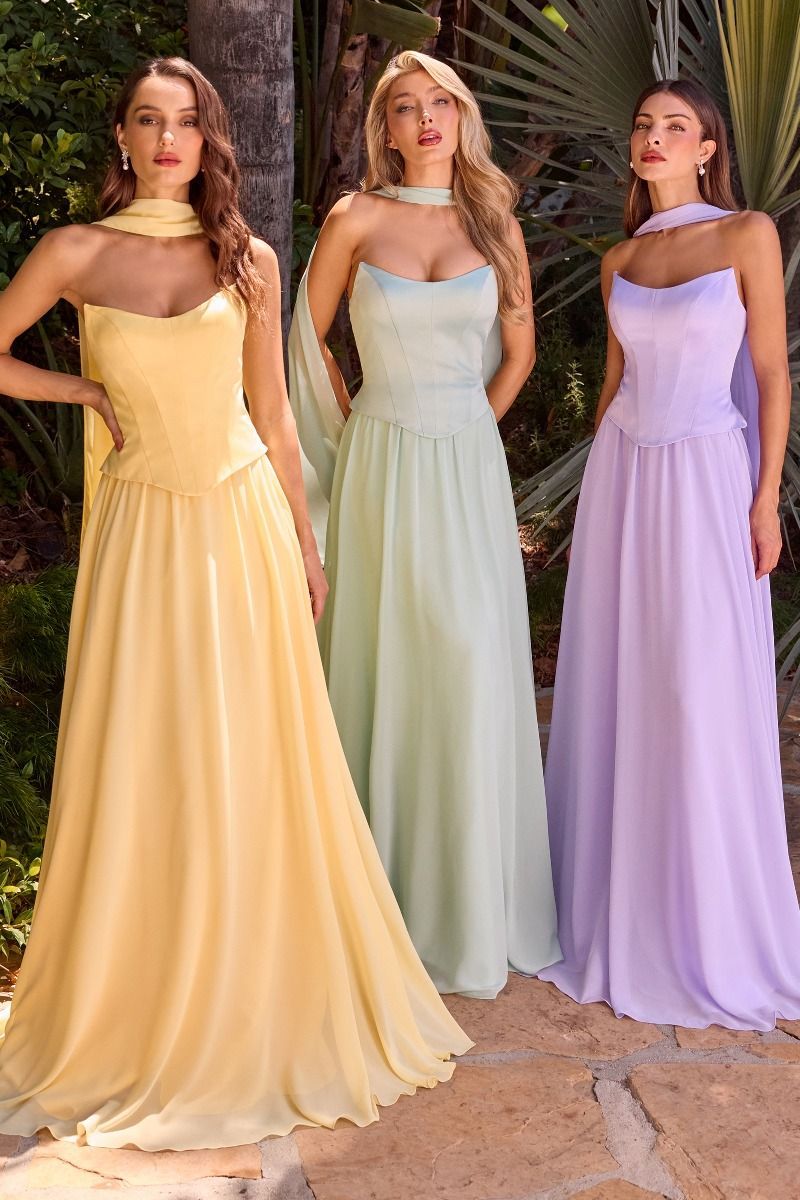 A-line Strapless Curved Detachable Chiffon Scarf Prom Dress #CD386