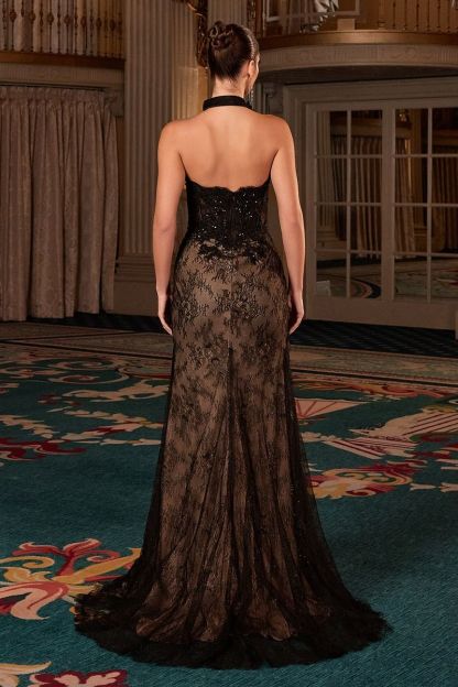 Strapless Sheer Lace Beaded Appliques Leg Slit  Prom Dress #CDS550