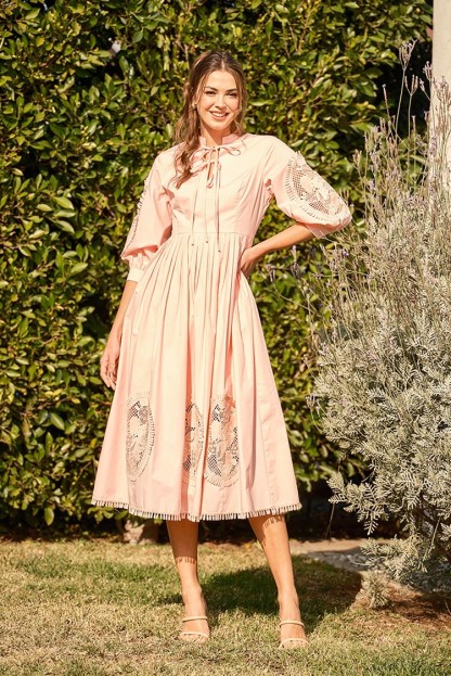 Cotton Lace Embroidered Balloon Sleeve Midi Dress #23536932