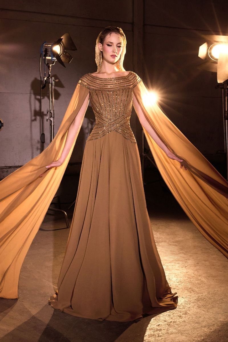 A-Line Bateau Beaded Bodice Crystal Cape Sleeve Chiffon Evening Gown #CL08
