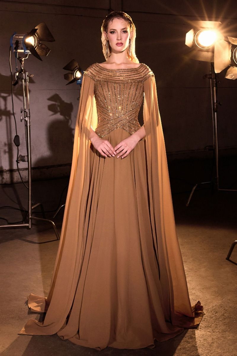 A-Line Bateau Beaded Bodice Crystal Cape Sleeve Chiffon Evening Gown #CL08