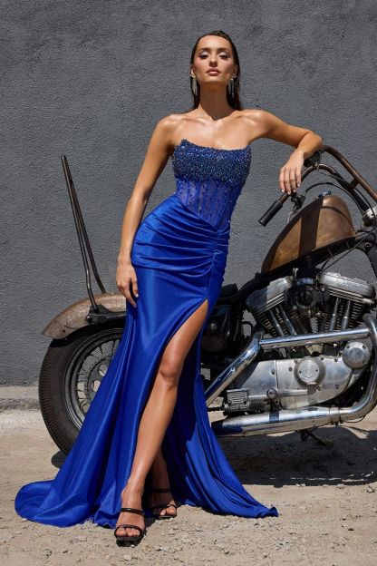  Fitted Strapless Beaded Sheer Corset Bodice Prom Dress #CW301