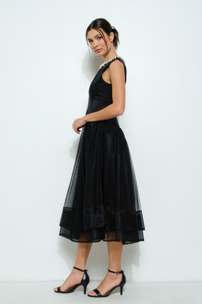 Pearl Embellished Sheer Tulle Midi Dress #23583486